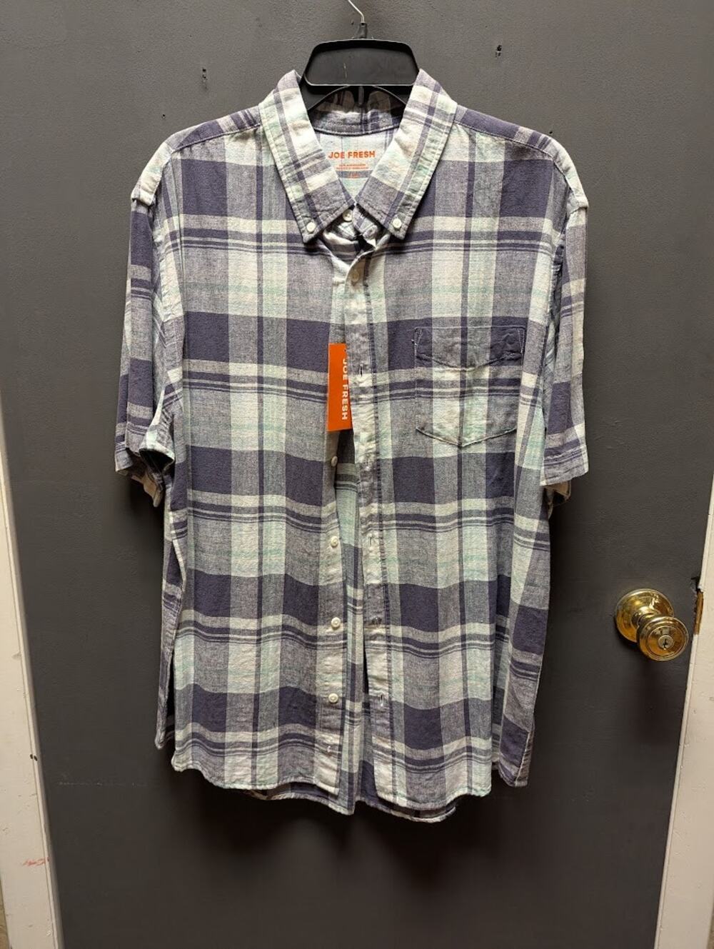 Joe Fresh blue white plaid short sleeve button down shirt Large NEW linen blend
